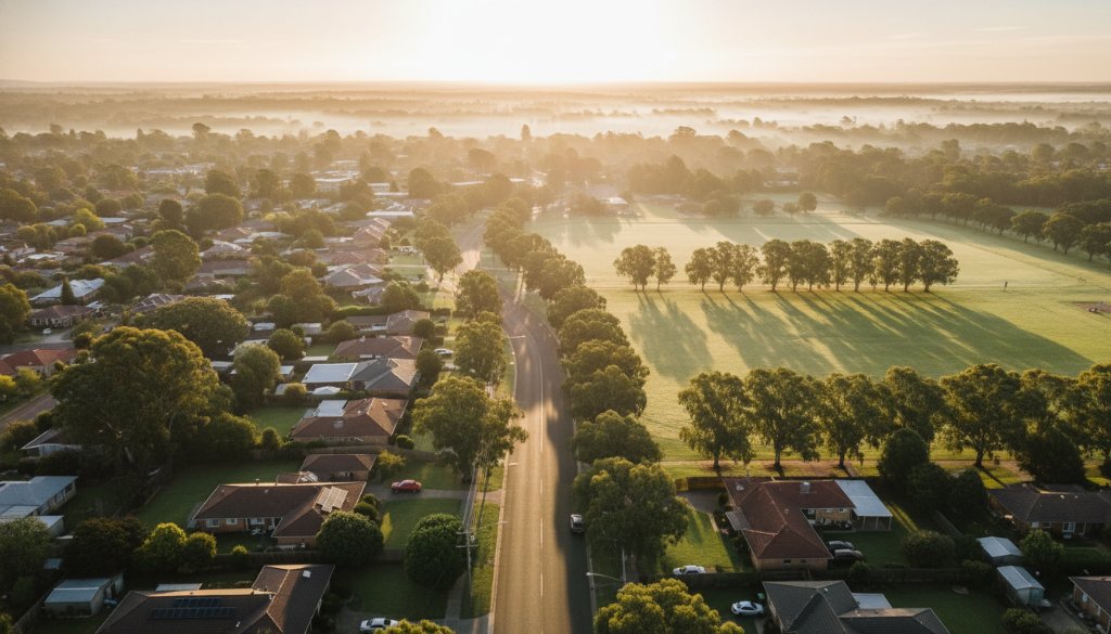 An awe-inspiring aerial view of Delahey showcasing its lush green reserves and residential areas at sunrise, with golden light illuminating the scene, perfect for Delahey drone photography capturing local landscapes.