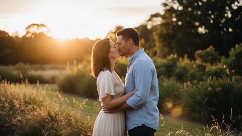 A romantic, cinematic image of a couple sharing Delahey engagement photography candid moments at sunset in a vibrant park, professionally colour-graded with dramatic lighting.