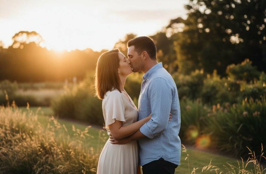 A romantic, cinematic image of a couple sharing Delahey engagement photography candid moments at sunset in a vibrant park, professionally colour-graded with dramatic lighting.
