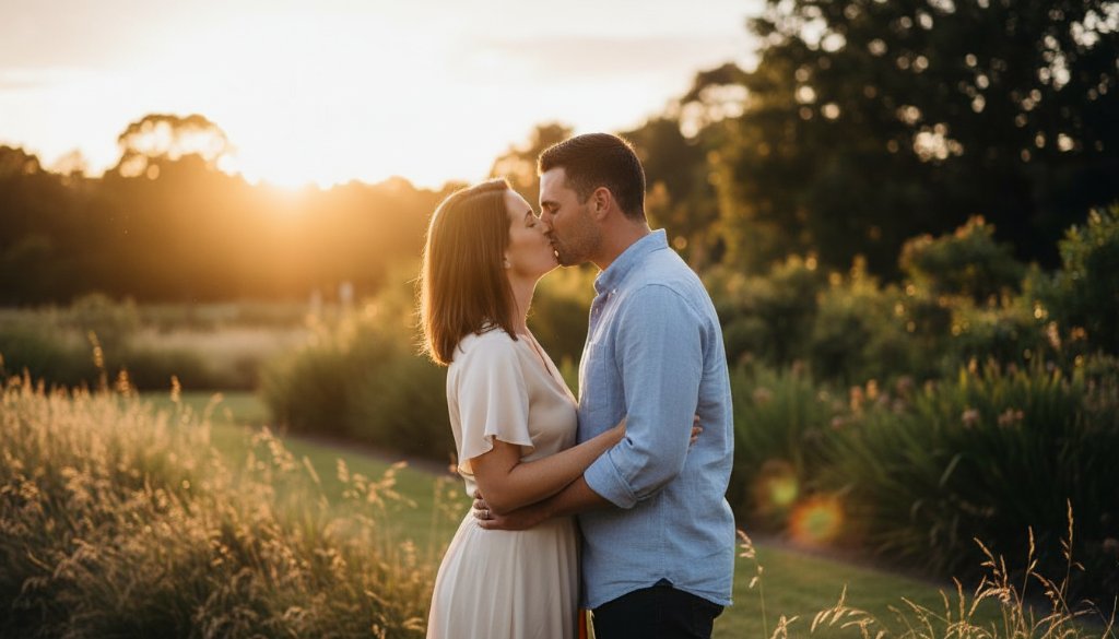 A romantic, cinematic image of a couple sharing Delahey engagement photography candid moments at sunset in a vibrant park, professionally colour-graded with dramatic lighting.