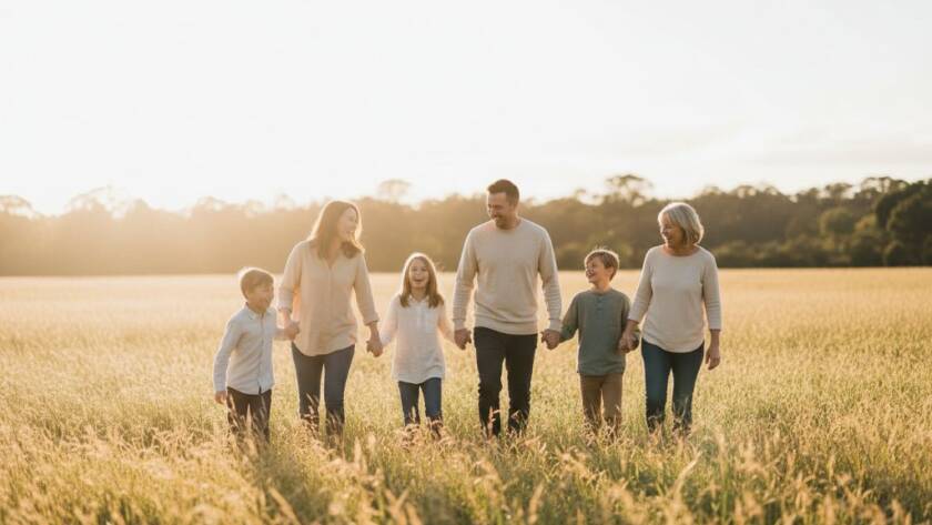 An emotionally resonant and visually stunning photograph capturing Delahey family photography outdoor candid moments, featuring a family laughing joyfully as they run through a sun-dappled park in Delahey, Victoria, with a golden hour glow, professionally colour graded and composed as an epic portfolio hero shot.