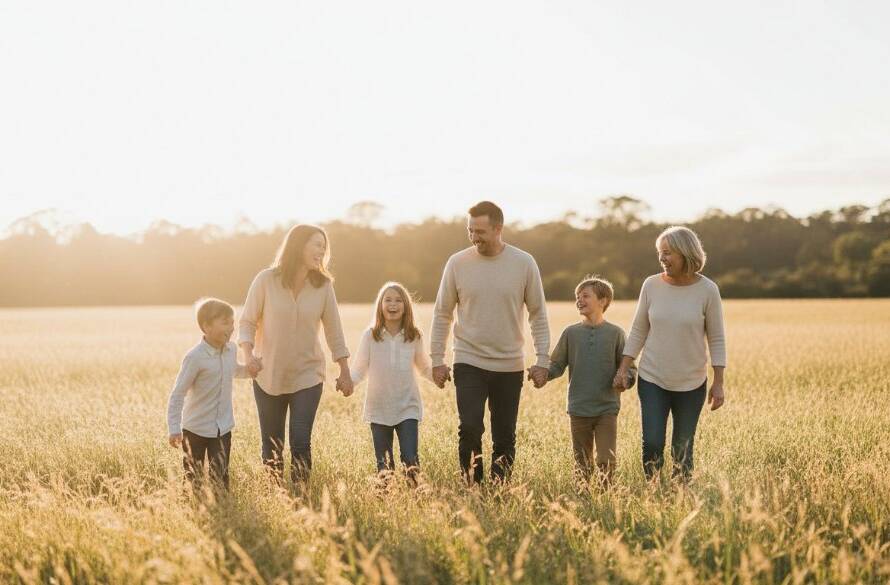 An emotionally resonant and visually stunning photograph capturing Delahey family photography outdoor candid moments, featuring a family laughing joyfully as they run through a sun-dappled park in Delahey, Victoria, with a golden hour glow, professionally colour graded and composed as an epic portfolio hero shot.