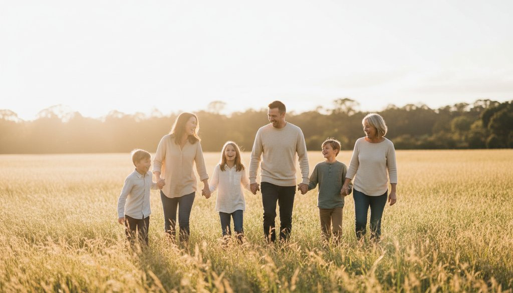 An emotionally resonant and visually stunning photograph capturing Delahey family photography outdoor candid moments, featuring a family laughing joyfully as they run through a sun-dappled park in Delahey, Victoria, with a golden hour glow, professionally colour graded and composed as an epic portfolio hero shot.