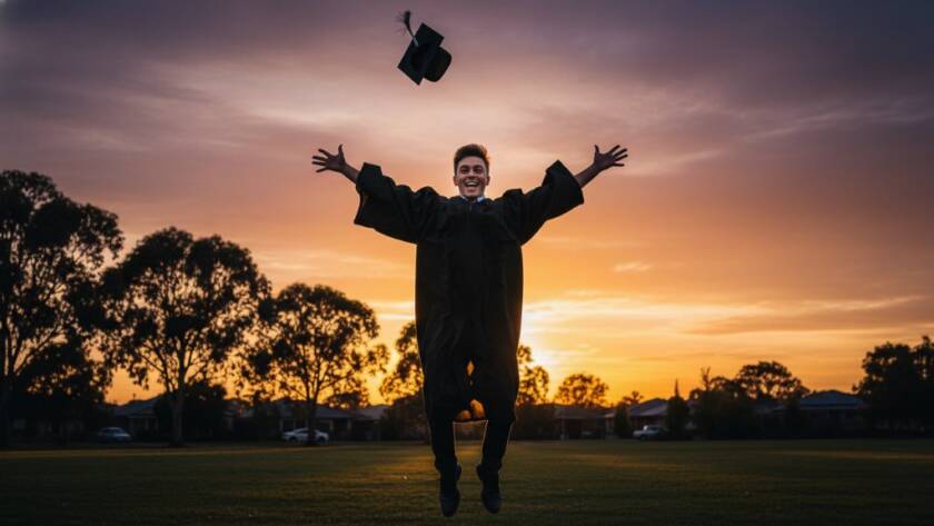 A graduating student in Delahey joyfully throws their cap into the air at sunset, capturing Delahey graduation photography memorable moments with dramatic backlighting and a celebratory atmosphere.