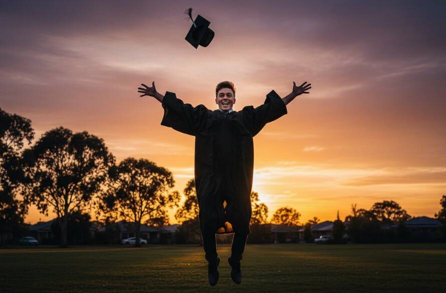 A graduating student in Delahey joyfully throws their cap into the air at sunset, capturing Delahey graduation photography memorable moments with dramatic backlighting and a celebratory atmosphere.