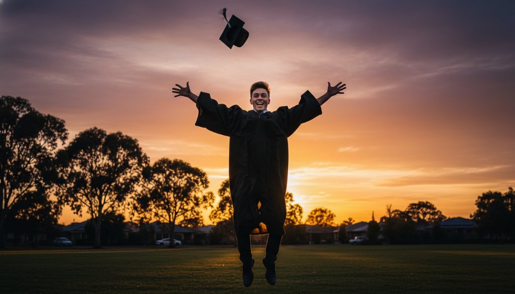 A graduating student in Delahey joyfully throws their cap into the air at sunset, capturing Delahey graduation photography memorable moments with dramatic backlighting and a celebratory atmosphere.