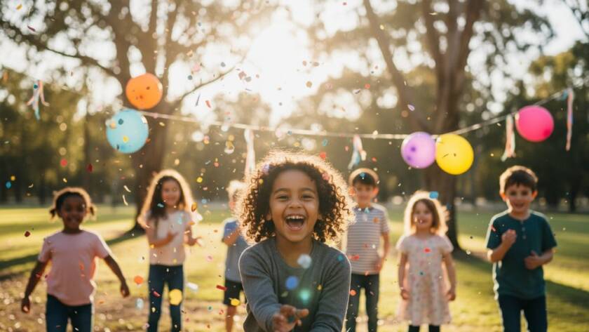 An 'epic moment' style photograph showing a group of happy children in Delahey, mid-laughter and covered in colourful confetti during a vibrant outdoor birthday party, expertly captured by a Delahey kids birthday party photographer with beautiful bokeh and golden hour lighting.