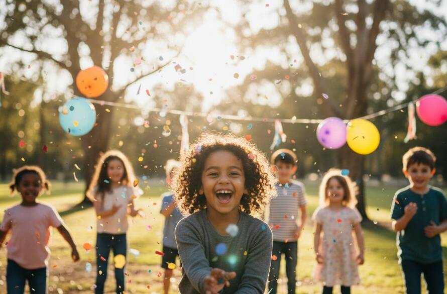 An 'epic moment' style photograph showing a group of happy children in Delahey, mid-laughter and covered in colourful confetti during a vibrant outdoor birthday party, expertly captured by a Delahey kids birthday party photographer with beautiful bokeh and golden hour lighting.