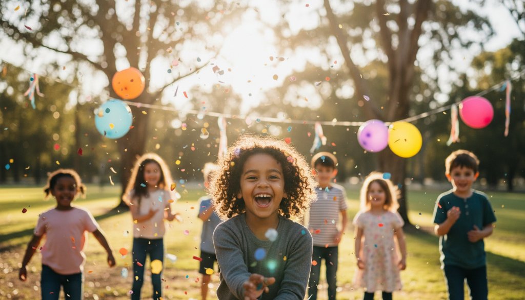 An 'epic moment' style photograph showing a group of happy children in Delahey, mid-laughter and covered in colourful confetti during a vibrant outdoor birthday party, expertly captured by a Delahey kids birthday party photographer with beautiful bokeh and golden hour lighting.