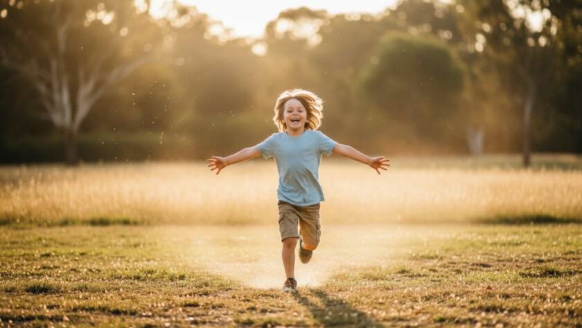 A vibrant and emotionally resonant photograph capturing genuine joy during a Delahey kids photography session, featuring a child running through golden afternoon light with a wide smile in a local park, professionally colour-graded.