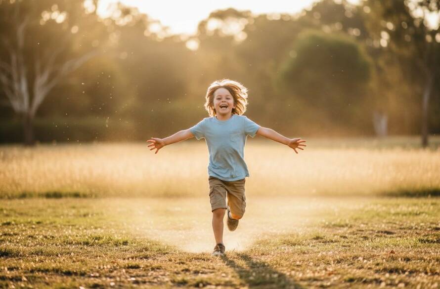 A vibrant and emotionally resonant photograph capturing genuine joy during a Delahey kids photography session, featuring a child running through golden afternoon light with a wide smile in a local park, professionally colour-graded.