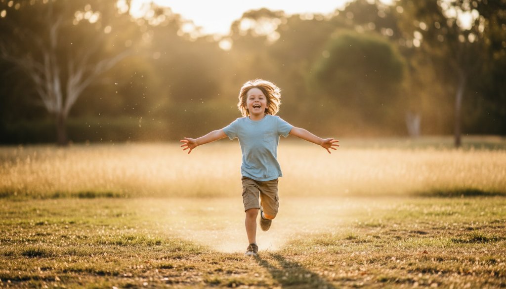 A vibrant and emotionally resonant photograph capturing genuine joy during a Delahey kids photography session, featuring a child running through golden afternoon light with a wide smile in a local park, professionally colour-graded.