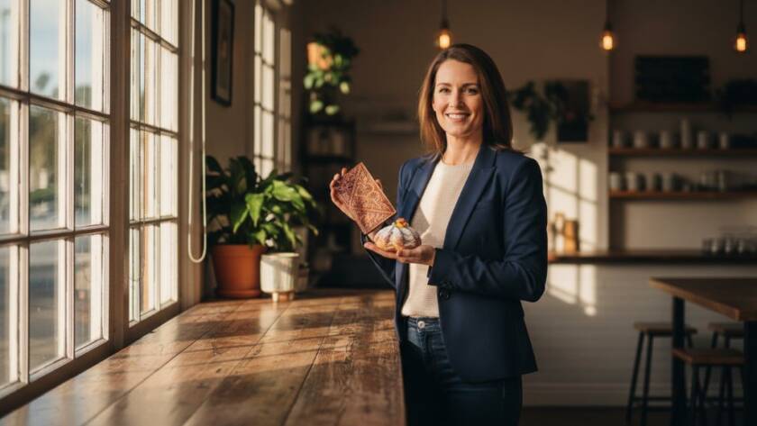 Dramatic wide shot of a local Delahey business owner proudly presenting their handcrafted product, illuminated by golden hour light, reflecting the essence of professional Delahey Victoria advertising photography for local businesses, an epic moment of local entrepreneurship.