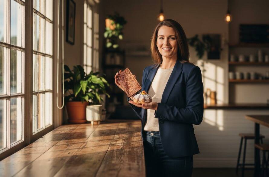 Dramatic wide shot of a local Delahey business owner proudly presenting their handcrafted product, illuminated by golden hour light, reflecting the essence of professional Delahey Victoria advertising photography for local businesses, an epic moment of local entrepreneurship.