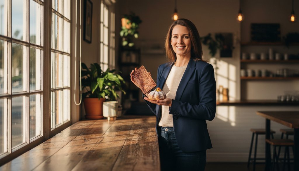 Dramatic wide shot of a local Delahey business owner proudly presenting their handcrafted product, illuminated by golden hour light, reflecting the essence of professional Delahey Victoria advertising photography for local businesses, an epic moment of local entrepreneurship.