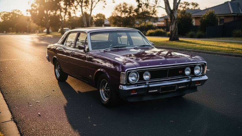 Dramatic, cinematic photograph capturing a sleek, vintage muscle car at sunset on a quiet street in Delahey, Victoria, with golden hour light reflecting off its polished chrome, showcasing Delahey Victoria automotive photography dramatic light.