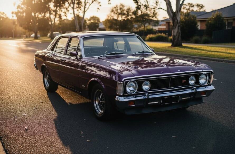 Dramatic, cinematic photograph capturing a sleek, vintage muscle car at sunset on a quiet street in Delahey, Victoria, with golden hour light reflecting off its polished chrome, showcasing Delahey Victoria automotive photography dramatic light.