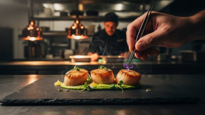 Dynamic close-up of a chef meticulously plating a gourmet dish in a bustling Delahey Victoria restaurant kitchen, illuminated by dramatic backlighting, perfect for Delahey Victoria food photography capturing local flavour.