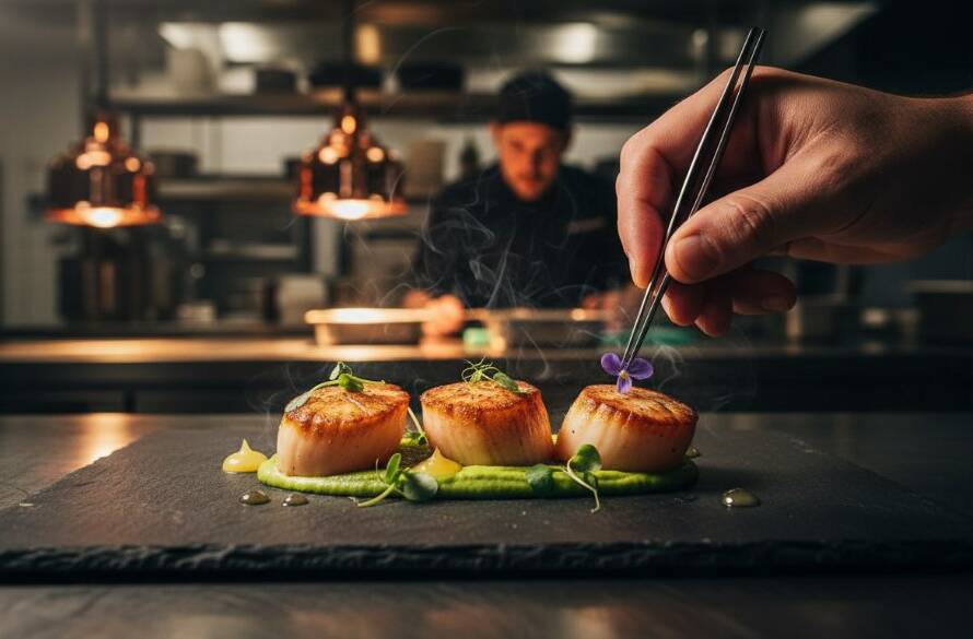 Dynamic close-up of a chef meticulously plating a gourmet dish in a bustling Delahey Victoria restaurant kitchen, illuminated by dramatic backlighting, perfect for Delahey Victoria food photography capturing local flavour.