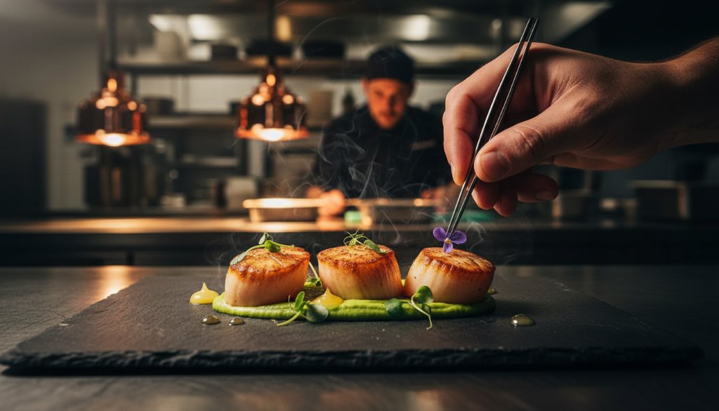Dynamic close-up of a chef meticulously plating a gourmet dish in a bustling Delahey Victoria restaurant kitchen, illuminated by dramatic backlighting, perfect for Delahey Victoria food photography capturing local flavour.
