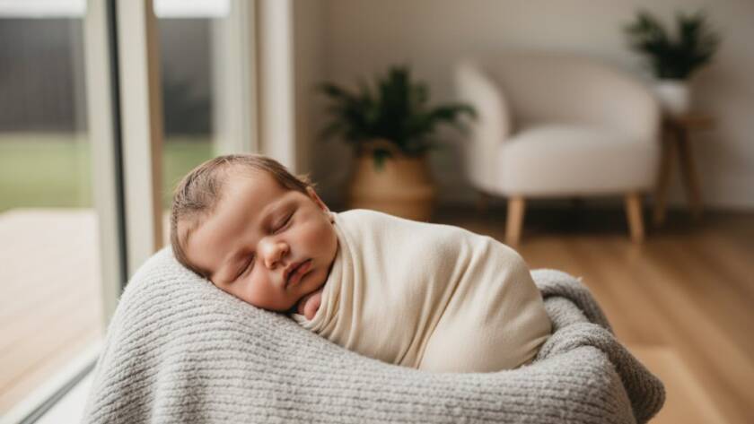 A heartwarming and intimate portrait of a newborn baby gently swaddled in soft, natural fabrics, bathed in warm, soft window light in a cosy Delahey home, beautifully illustrating Delahey Victoria natural newborn photography. The baby is peacefully asleep, with tiny fingers curled, capturing a serene and timeless 'epic moment'.