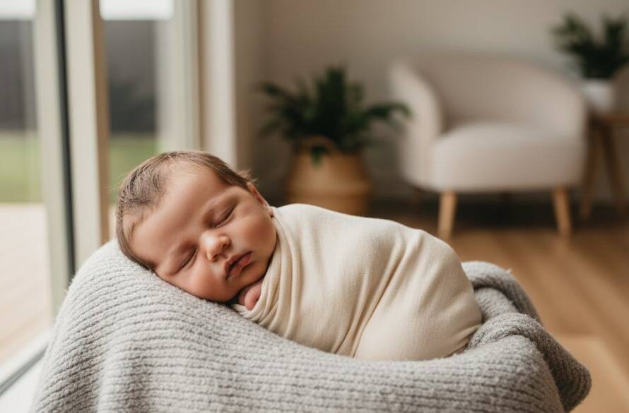 A heartwarming and intimate portrait of a newborn baby gently swaddled in soft, natural fabrics, bathed in warm, soft window light in a cosy Delahey home, beautifully illustrating Delahey Victoria natural newborn photography. The baby is peacefully asleep, with tiny fingers curled, capturing a serene and timeless 'epic moment'.