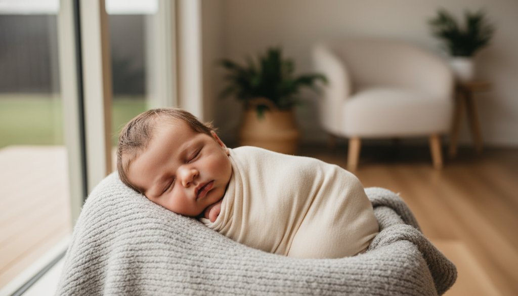 A heartwarming and intimate portrait of a newborn baby gently swaddled in soft, natural fabrics, bathed in warm, soft window light in a cosy Delahey home, beautifully illustrating Delahey Victoria natural newborn photography. The baby is peacefully asleep, with tiny fingers curled, capturing a serene and timeless 'epic moment'.