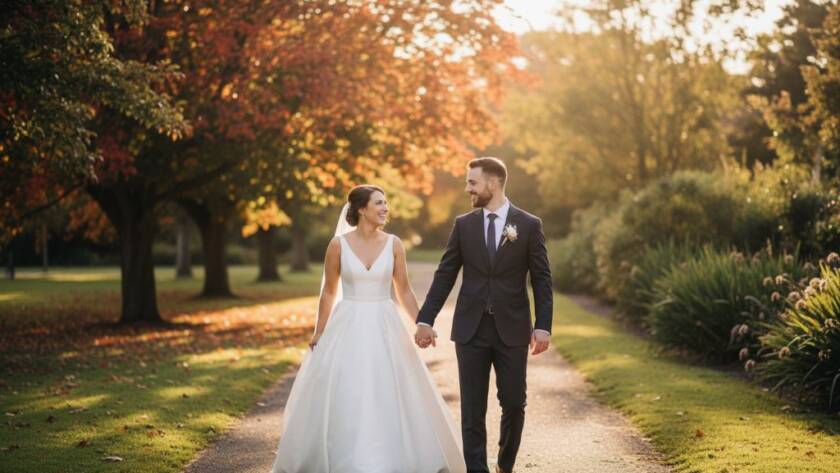 An intimate wide-angle shot of a newly married couple sharing a joyful embrace at sunset in a lush Delahey park, showcasing Delahey Victoria wedding photography vibrant storytelling with golden hour light.