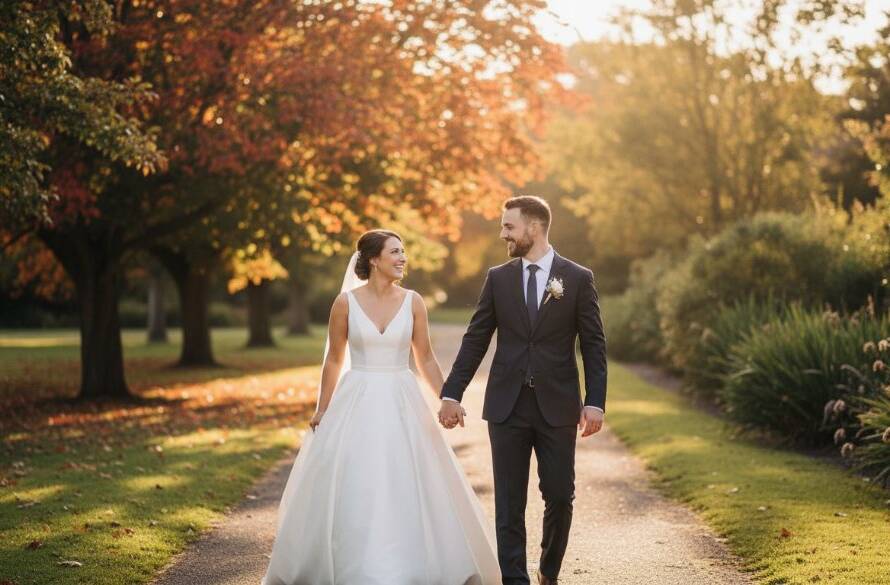 An intimate wide-angle shot of a newly married couple sharing a joyful embrace at sunset in a lush Delahey park, showcasing Delahey Victoria wedding photography vibrant storytelling with golden hour light.