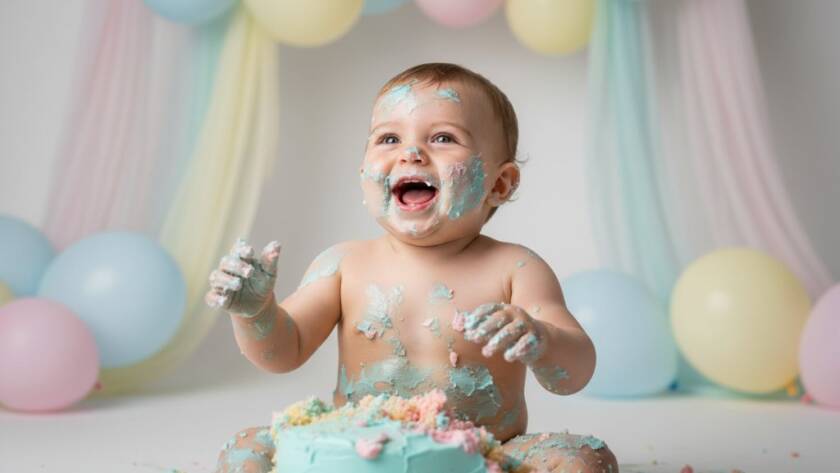 An adorable baby, covered in frosting from delightful cake smash photography Croydon Hills, laughing joyfully amidst a pastel balloon setup, capturing a dramatic and messy first birthday celebration.