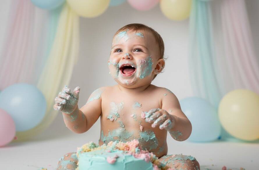 An adorable baby, covered in frosting from delightful cake smash photography Croydon Hills, laughing joyfully amidst a pastel balloon setup, capturing a dramatic and messy first birthday celebration.