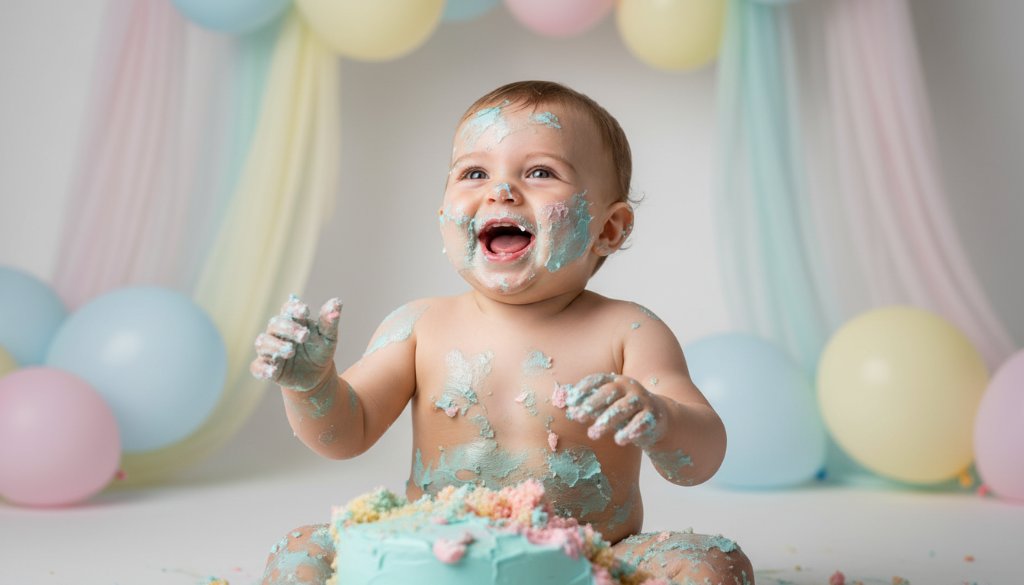 An adorable baby, covered in frosting from delightful cake smash photography Croydon Hills, laughing joyfully amidst a pastel balloon setup, capturing a dramatic and messy first birthday celebration.