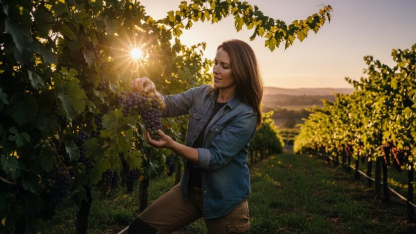 Dramatic wide-angle shot of a local artisanal baker in Dennington presenting a freshly baked sourdough loaf, bathed in warm, golden morning light inside a rustic bakery, showcasing Dennington advertising photography for emerging brands Victoria.