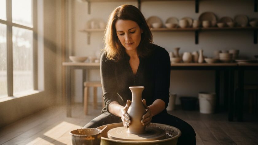 An epic moment capture of a local artisan in Dennington showcasing their unique handmade pottery with dramatic backlighting at sunset, highlighting their Dennington bespoke brand photography local businesses success, with the craftsman's focused expression and intricate details of their work visible.