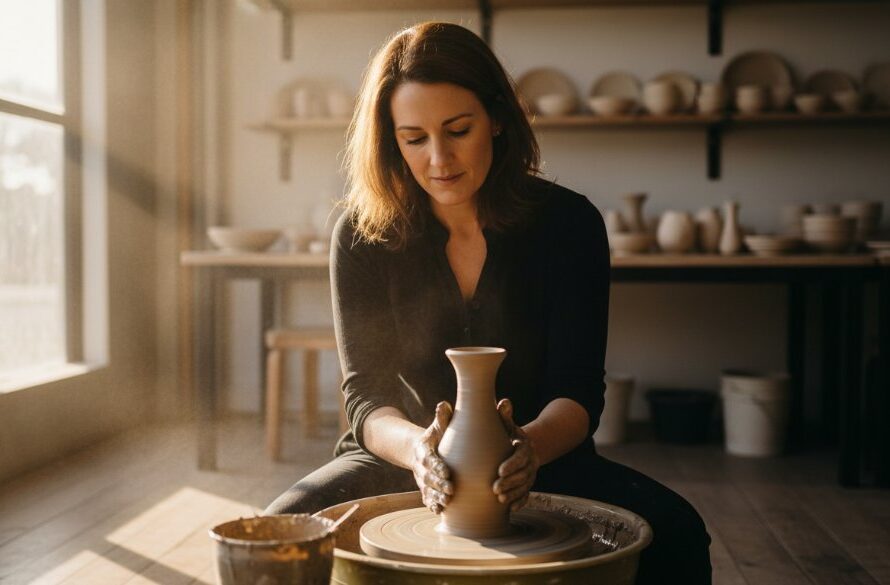 An epic moment capture of a local artisan in Dennington showcasing their unique handmade pottery with dramatic backlighting at sunset, highlighting their Dennington bespoke brand photography local businesses success, with the craftsman's focused expression and intricate details of their work visible.