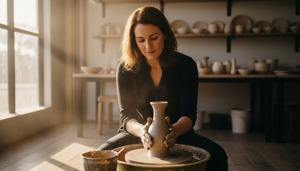 An epic moment capture of a local artisan in Dennington showcasing their unique handmade pottery with dramatic backlighting at sunset, highlighting their Dennington bespoke brand photography local businesses success, with the craftsman's focused expression and intricate details of their work visible.
