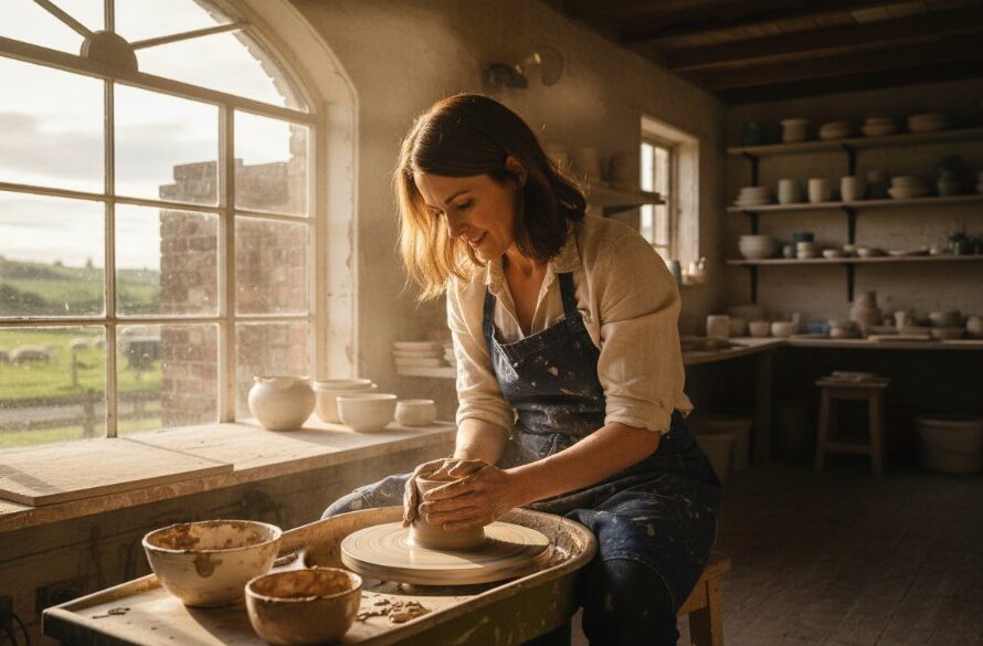 Dynamic wide shot of a Dennington business professional branding photography services session, capturing a local artisan proudly showcasing their handcrafted product in their workshop, illuminated by warm, directional sunlight, with an authentic, cinematic feel.