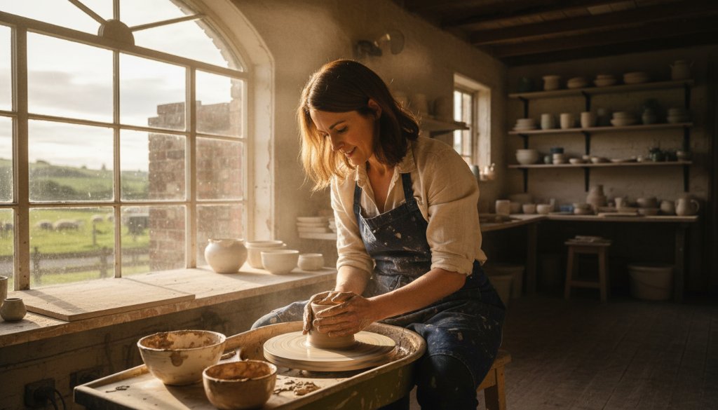 Dynamic wide shot of a Dennington business professional branding photography services session, capturing a local artisan proudly showcasing their handcrafted product in their workshop, illuminated by warm, directional sunlight, with an authentic, cinematic feel.
