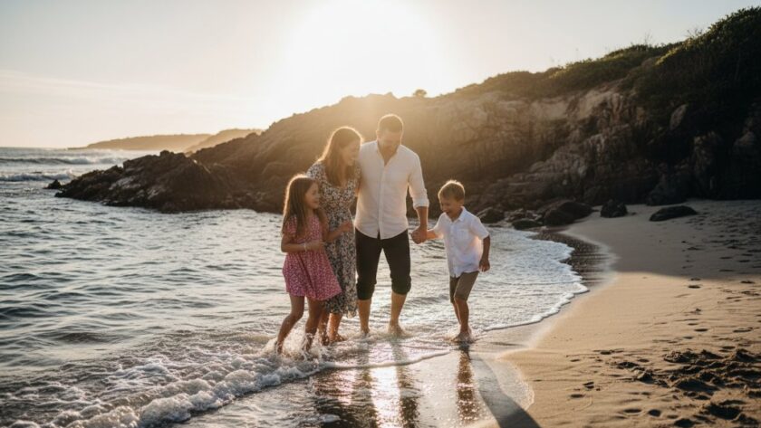 Dennington candid family photography authentic moments captured: A family laughing joyously on the rugged Dennington coastline, silhouetted against a dramatic sunset with warm, golden light.