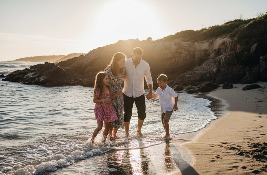Dennington candid family photography authentic moments captured: A family laughing joyously on the rugged Dennington coastline, silhouetted against a dramatic sunset with warm, golden light.
