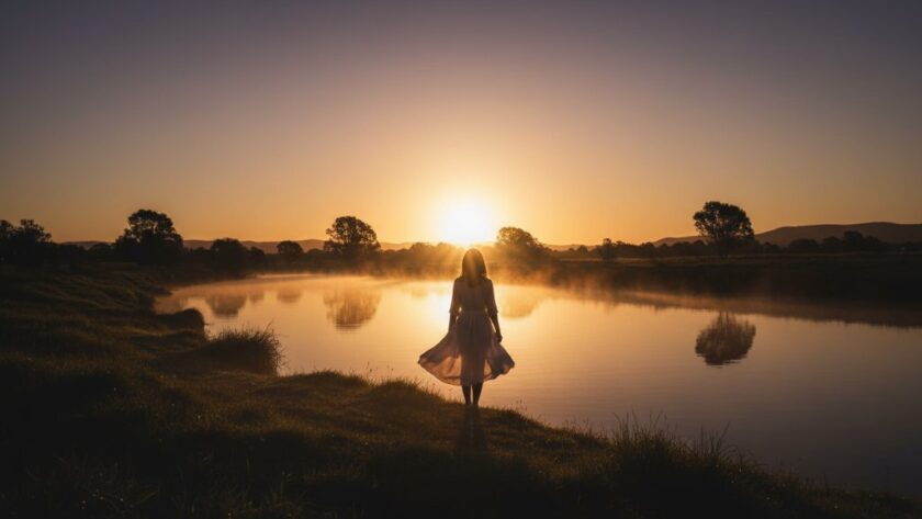 A captivating wide shot capturing a Dennington fine art photography ethereal portrait: a lone figure stands silhouetted against a dramatic, golden sunset over the Hopkins River, surrounded by the subtle mist and natural beauty of the Victorian landscape, embodying a serene and epic moment of artistic expression.