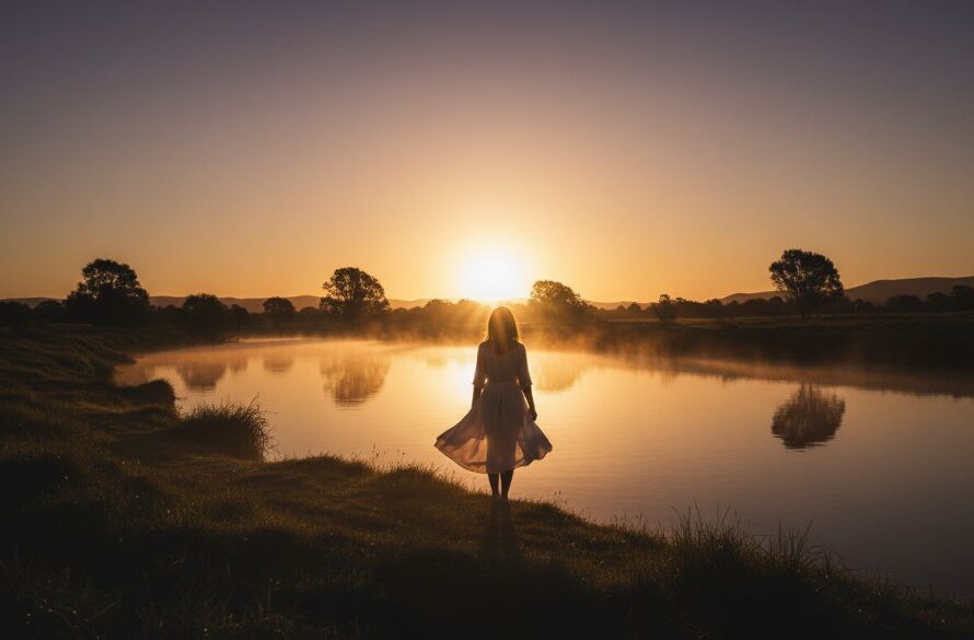 A captivating wide shot capturing a Dennington fine art photography ethereal portrait: a lone figure stands silhouetted against a dramatic, golden sunset over the Hopkins River, surrounded by the subtle mist and natural beauty of the Victorian landscape, embodying a serene and epic moment of artistic expression.