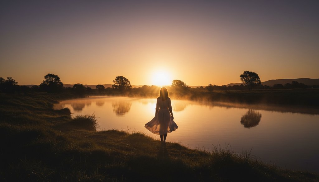 A captivating wide shot capturing a Dennington fine art photography ethereal portrait: a lone figure stands silhouetted against a dramatic, golden sunset over the Hopkins River, surrounded by the subtle mist and natural beauty of the Victorian landscape, embodying a serene and epic moment of artistic expression.