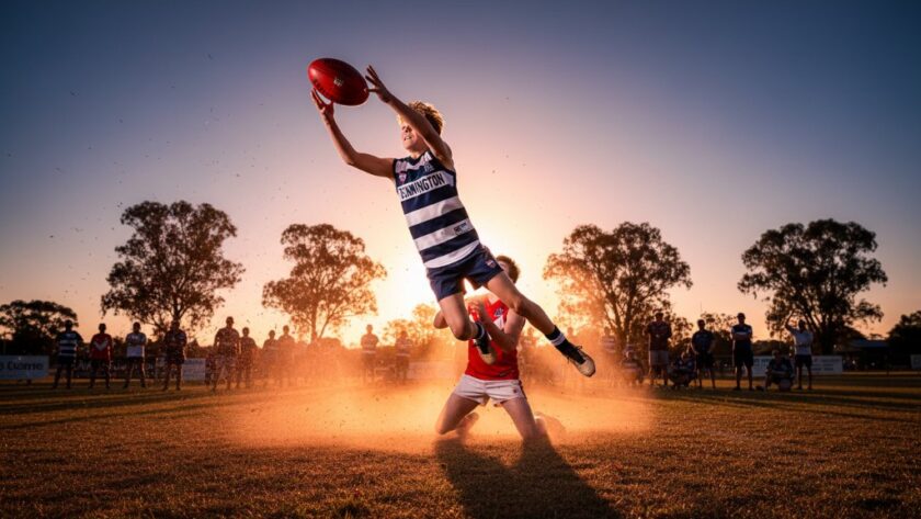 A dramatic, low-angle shot of a young footballer from the Dennington junior football league photography capturing peak action, mid-air, hands reaching for the ball during a crucial mark, golden hour sunlight backlighting the scene on a Dennington oval, highlighting dust and effort.