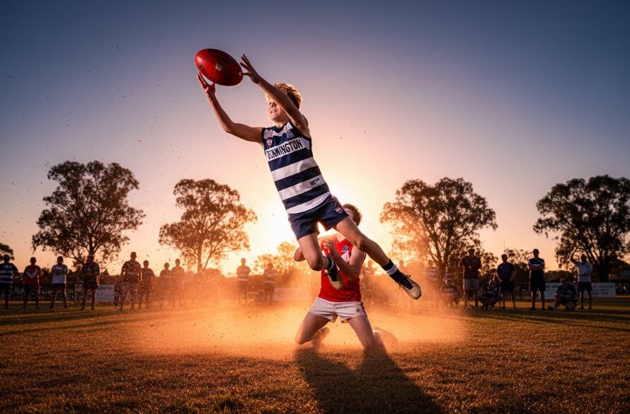 A dramatic, low-angle shot of a young footballer from the Dennington junior football league photography capturing peak action, mid-air, hands reaching for the ball during a crucial mark, golden hour sunlight backlighting the scene on a Dennington oval, highlighting dust and effort.