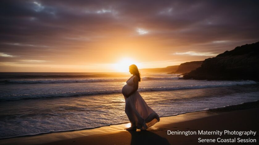 A stunning epic moment photograph of a pregnant woman during a Dennington Maternity Photography Serene Coastal Session at sunset, standing gracefully by the ocean with dramatic golden light illuminating her silhouette and the rugged Victorian coastline in the background, conveying peace and natural beauty.