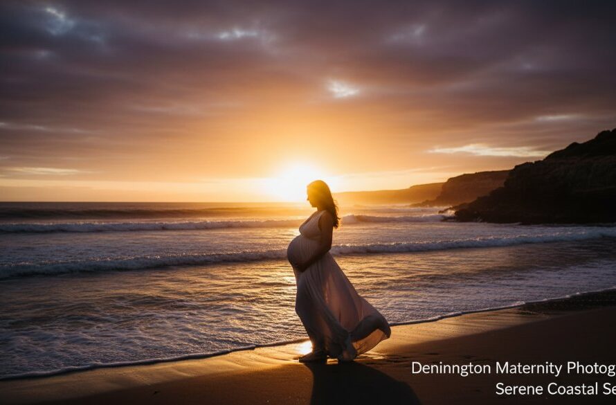 A stunning epic moment photograph of a pregnant woman during a Dennington Maternity Photography Serene Coastal Session at sunset, standing gracefully by the ocean with dramatic golden light illuminating her silhouette and the rugged Victorian coastline in the background, conveying peace and natural beauty.