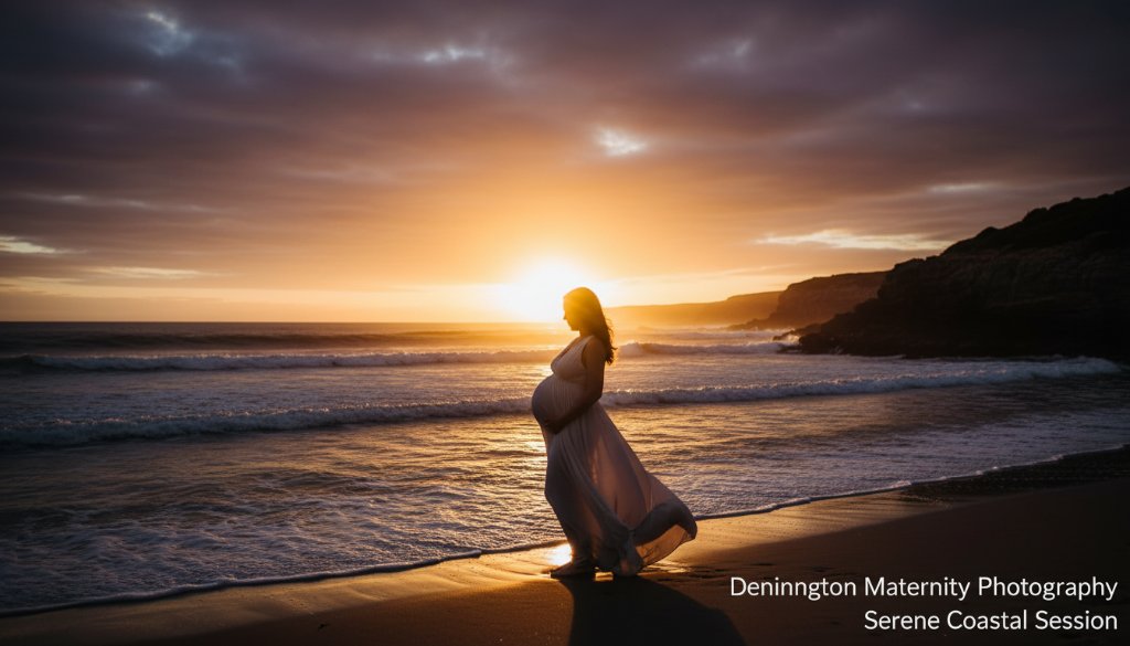 A stunning epic moment photograph of a pregnant woman during a Dennington Maternity Photography Serene Coastal Session at sunset, standing gracefully by the ocean with dramatic golden light illuminating her silhouette and the rugged Victorian coastline in the background, conveying peace and natural beauty.