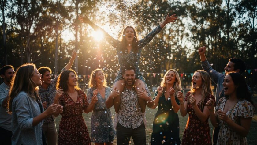An epic moment of pure joy at a Dennington party, captured by a Dennington Party Photography: Capturing Joyful Moments expert. Two children, mid-laughter, are showered with confetti under dramatic, warm party lights, their faces alight with happiness. The background shows a blurry, festive Dennington community hall decorated for a celebration, with vibrant colours and a sense of energetic movement.