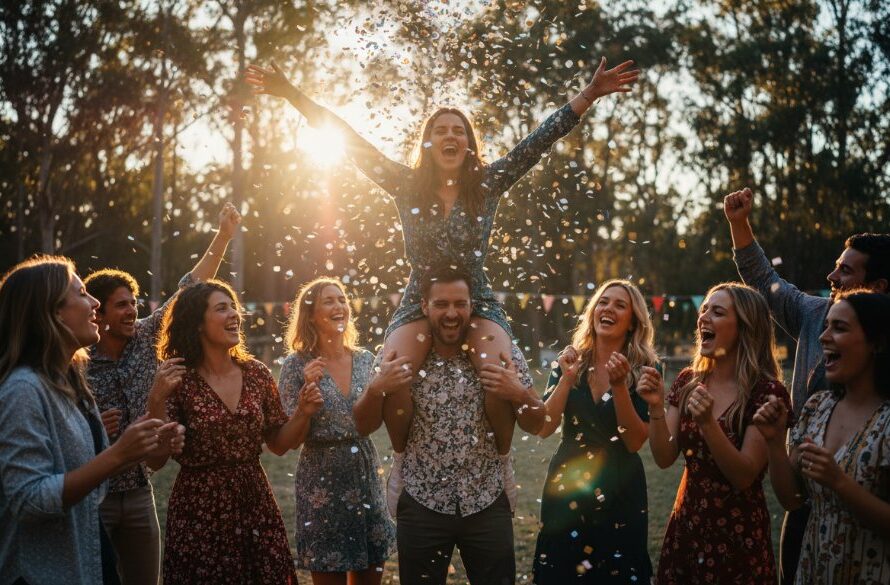 An epic moment of pure joy at a Dennington party, captured by a Dennington Party Photography: Capturing Joyful Moments expert. Two children, mid-laughter, are showered with confetti under dramatic, warm party lights, their faces alight with happiness. The background shows a blurry, festive Dennington community hall decorated for a celebration, with vibrant colours and a sense of energetic movement.